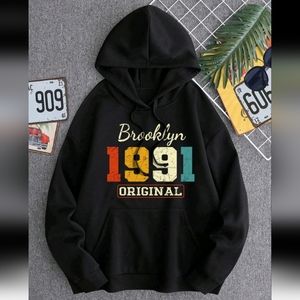 Brooklyn 1991 Original Mens Letter Graphic Kangaroo Pocket Drawstring Hoodie Med